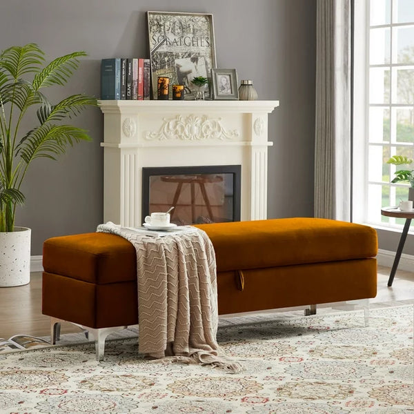 Storage Bench for Bedroom End of Bed, 55.9" Upholstered Velvet Storage Ottoman Bench, End of Bed Storage Bench with Thick Cushion and Metal Legs Window Bench Seat for Living Room Bedroom, Brown