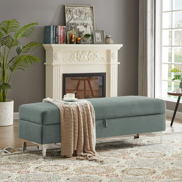 Storage Bench for Bedroom End of Bed, 55.9" Upholstered Velvet Storage Ottoman Bench, End of Bed Storage Bench with Thick Cushion and Metal Legs Window Bench Seat for Living Room Bedroom, Gray