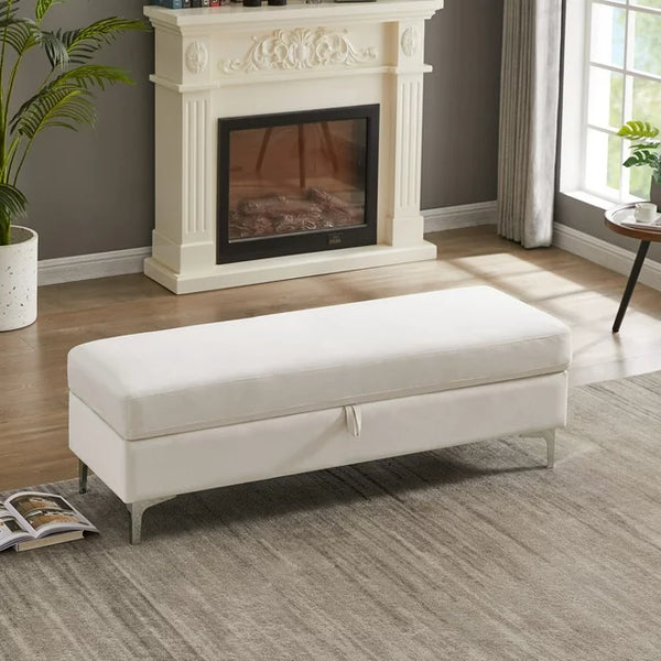 Storage Bench for Bedroom End of Bed, 55.9" Upholstered Velvet Storage Ottoman Bench, End of Bed Storage Bench with Thick Cushion and Metal Legs Window Bench Seat for Living Room Bedroom, White
