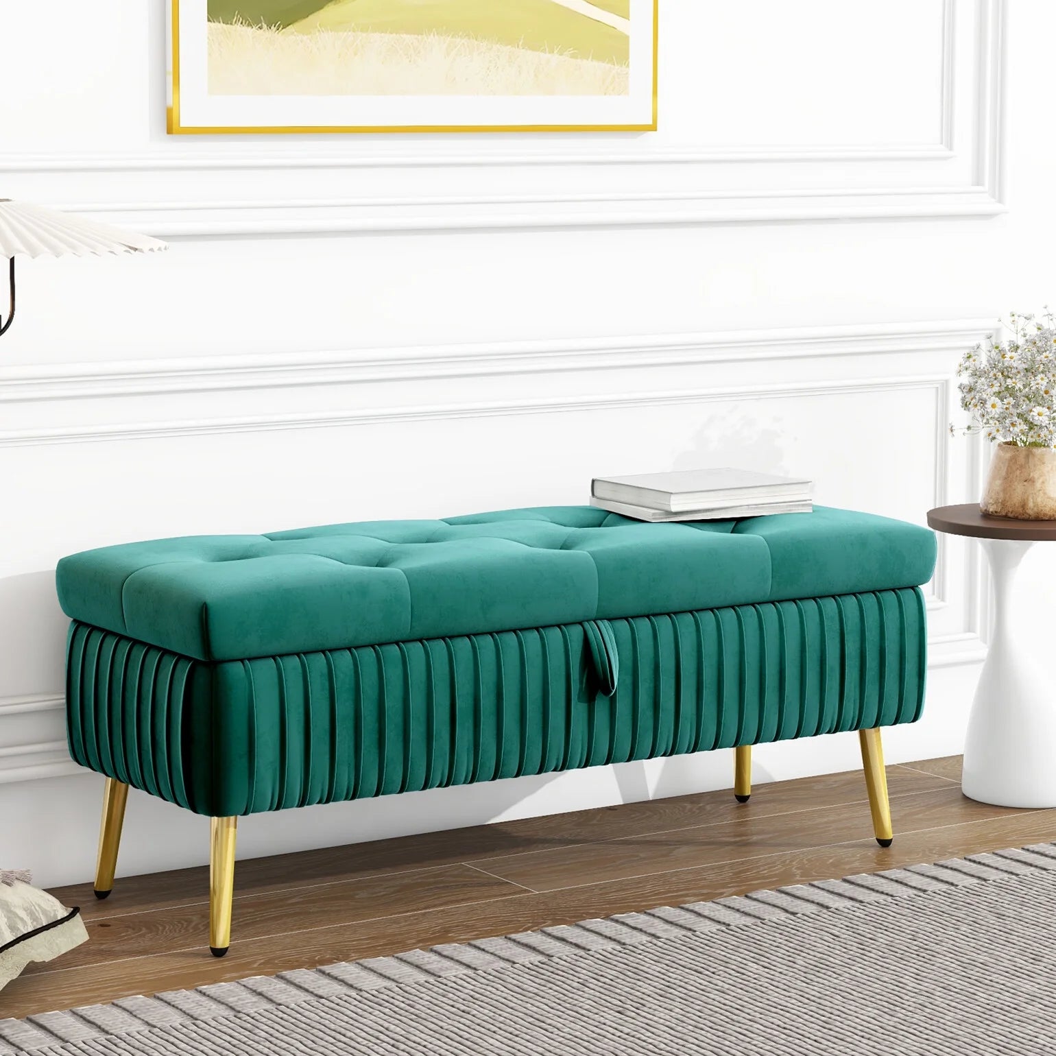 Storage Ottoman Bench, 44.5 inch Button-Tufted Ottoman with Safety Close Hinge, Upholstered Large Storage Bench for Living Room, Entryway, Hallway, Foot Rest, Solid Wood Frame, Support 220lbs, Green