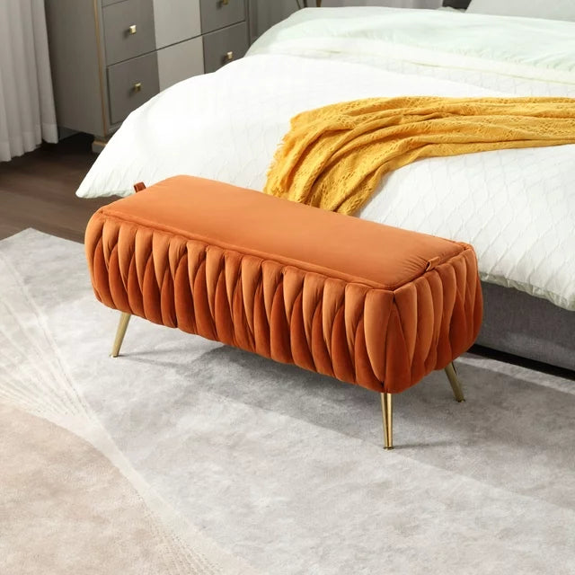 Storage Ottoman Bench for Bedroom End of Bed, Upholstered Fabric Storage Ottoman with Safety Hinge, Modern Woven Storage Bench Entryway Padded Footstool for Living Room and Bedroom, Orange