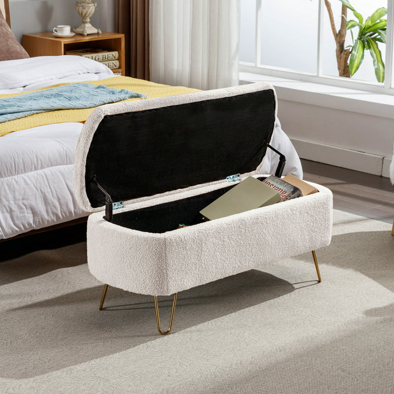 Storage Ottoman Bench,End of Bed Bench with Large Storage Space and Metal Legs,Upholstered Entryway Bench for Living Room Bedroom End of Bed Entryway,Ivory