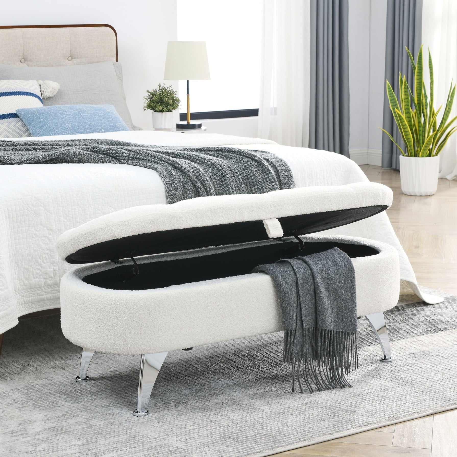 Storage Ottoman Bench, Upholstered Fabric Storage Bench End of Bed Stool with Safety Hinge and Metal Legs, Ottoman for Bedroom, Living Room, Entryway, White Teddy