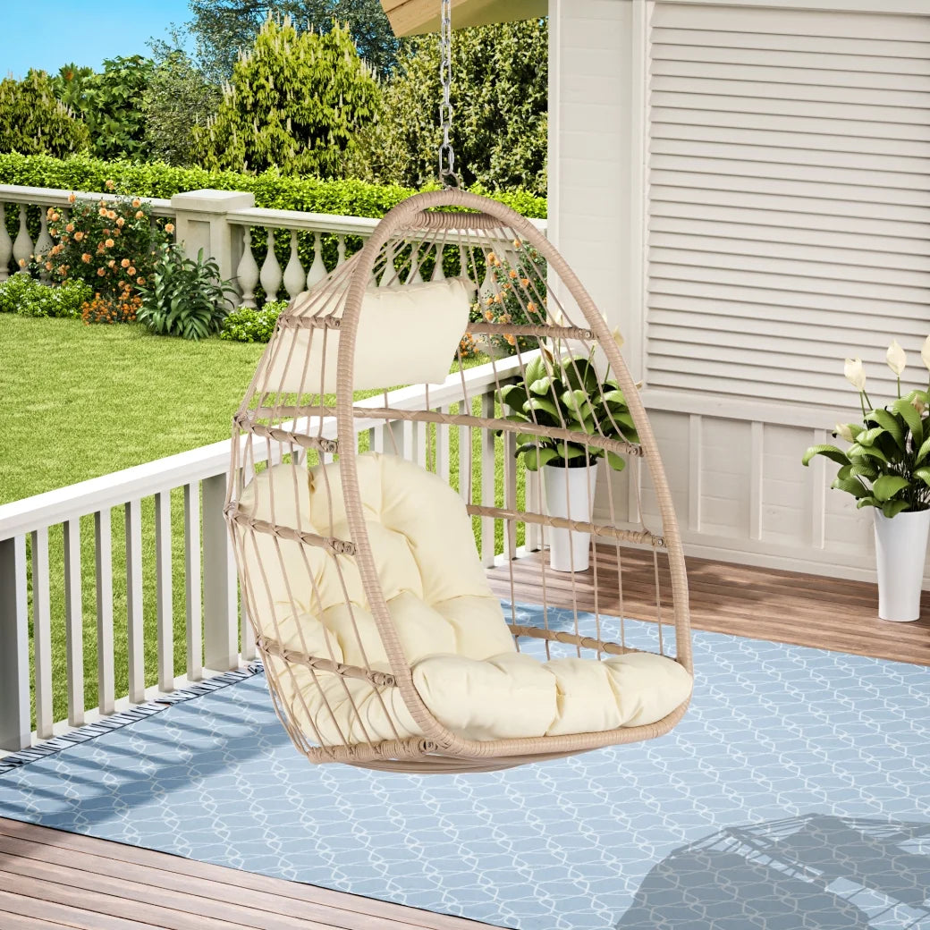 Swing Egg Chair, Indoor/Outdoor Egg Swing Hammock Chair with Iron Chain, Cushion, Headrest, Hanging Egg Chair for Porch, Garden, Lounge, Bedroom, 280LBS Capacity, khaki