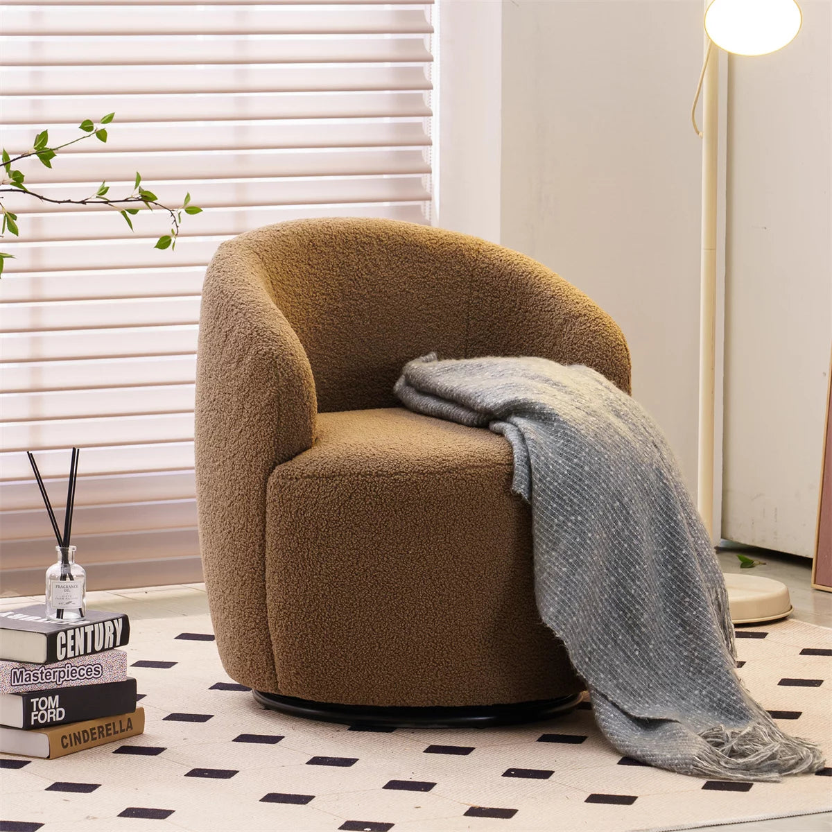Swivel Accent Chair, Modern 360°Swivel Barrel Chair Leisure Chair, Accent Round Barrel Chair Reading Chair, Round Bucket Arm Chair with Comfy Tufted Back for Living Room Bedroom, Chocolate