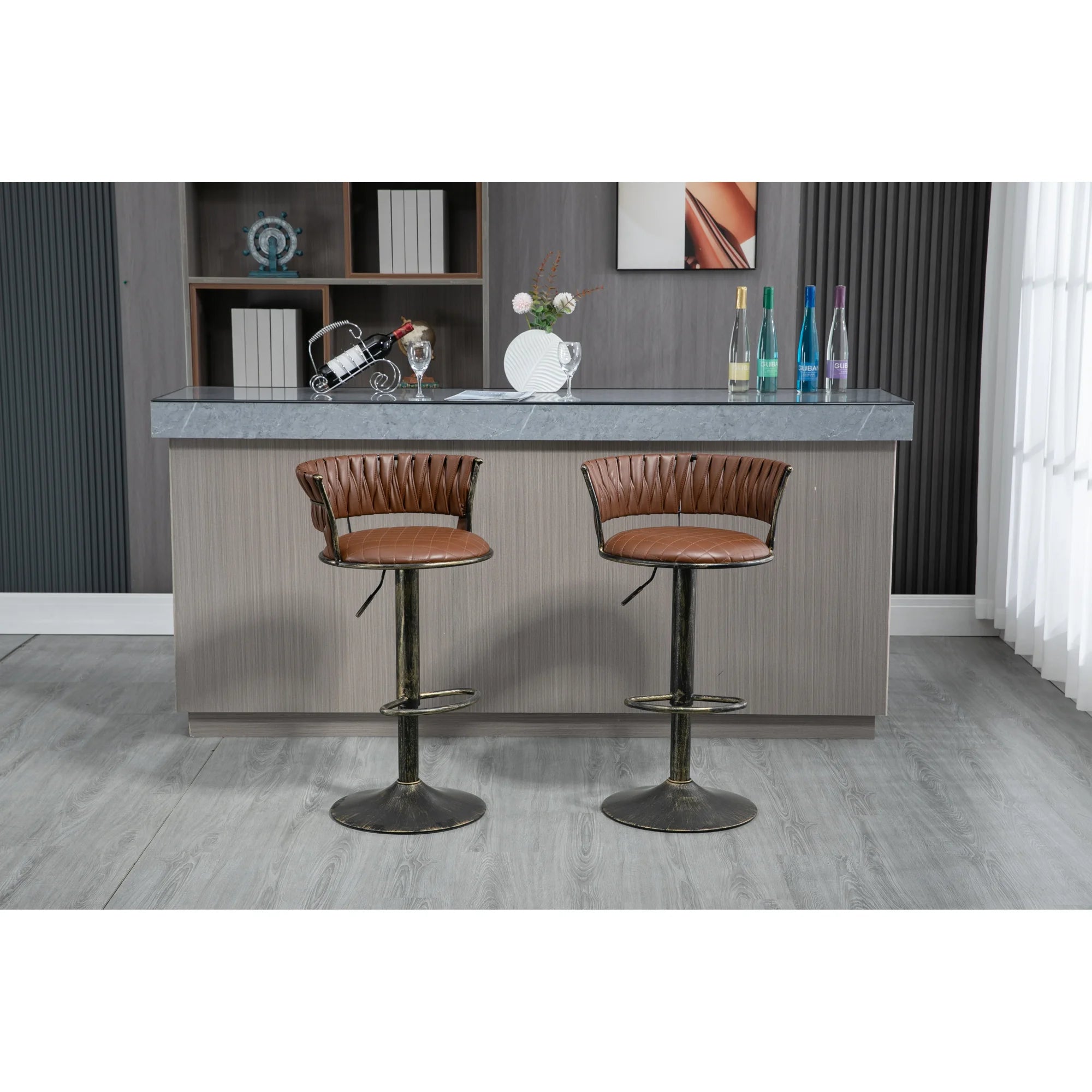 Swivel Bar Stools Set of 2, Adjustable Counter Height PU Leather Bar Stool with Woven Back, Upholstered Kitchen Dining Chairs, Modern Barstools for Kitchen Island, Cafe, Pub, Bar Counter, Brown