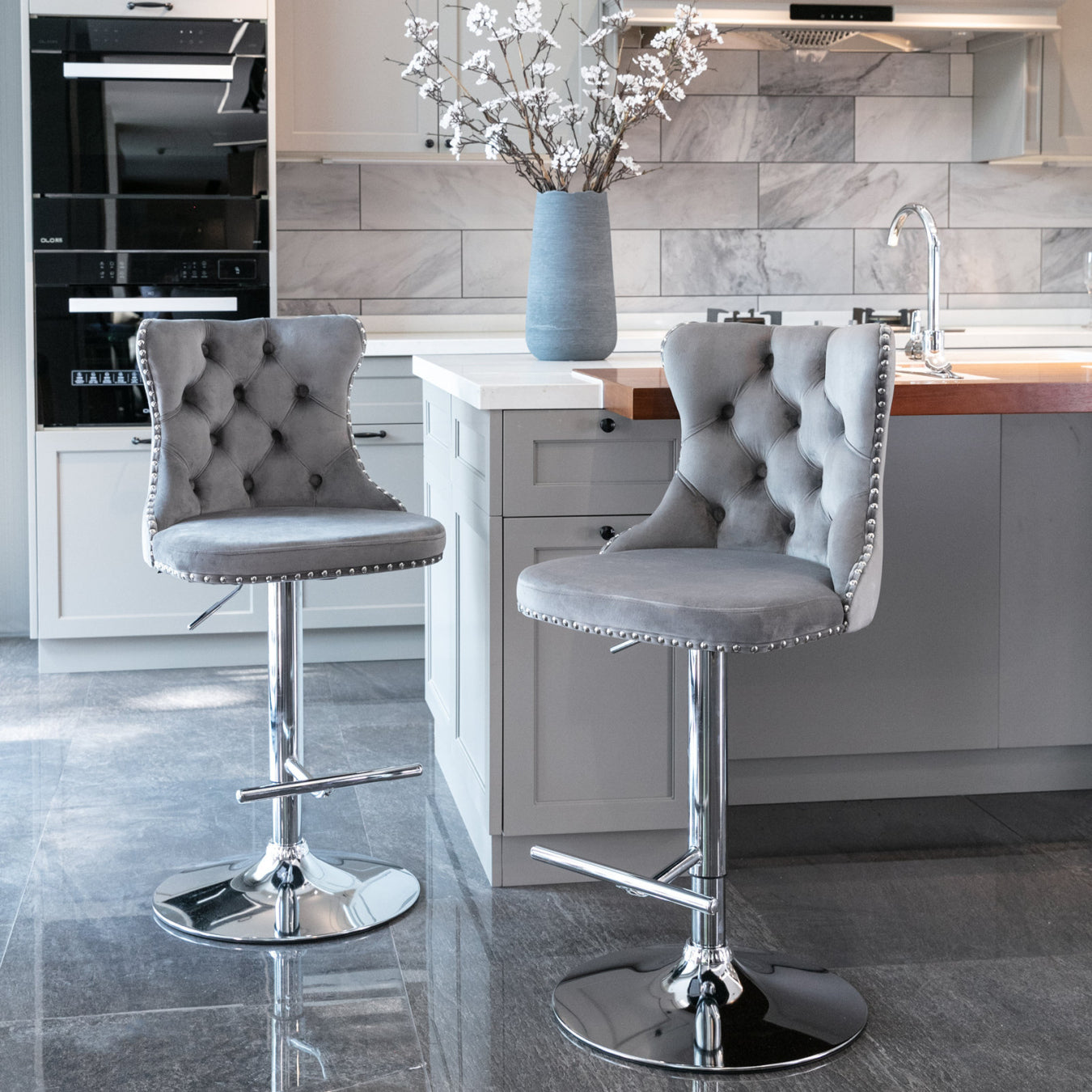 Swivel Bar Stools Set of 2 with Adjustable Seat Height, Contemporary Velvet Counter Stool with Metal Legs and Chrome Nailhead Trim Backrest, Dining Chair for Home and Pub, Gray & Sliver