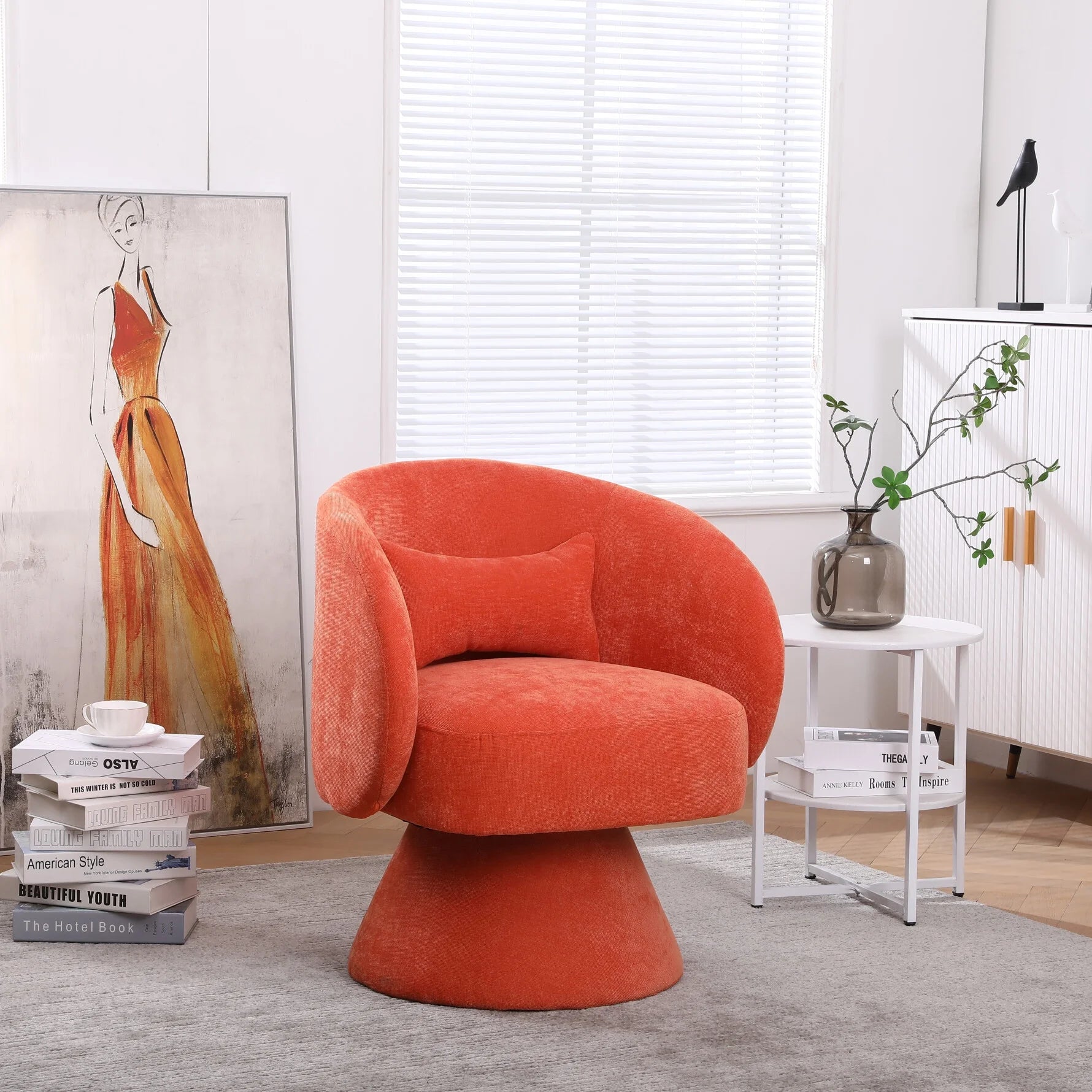 Swivel Barrel Chair, Linen Fabric Accent Chair with Pillow, 360 Degree Swivel Armchair, Round Club Chair for Living Room, Bedroom, Office, Lounge, Orange