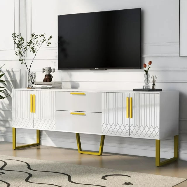 TV Stand for TVs up to 75", Media Entertainment Center with Ample Storage Capacity, Metal Legs and Handles, TV Console with Drawers and Cabinets for Living Room, White