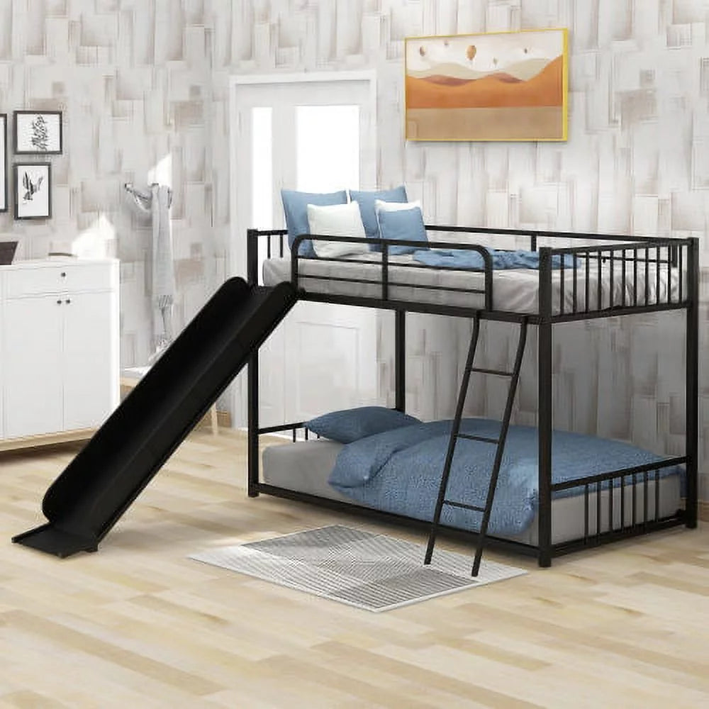 Twin Bunk Beds for Kids, Metal Bunk Bed with Slide, No Box Spring Required (Black Low Bunk Beds with Slide)