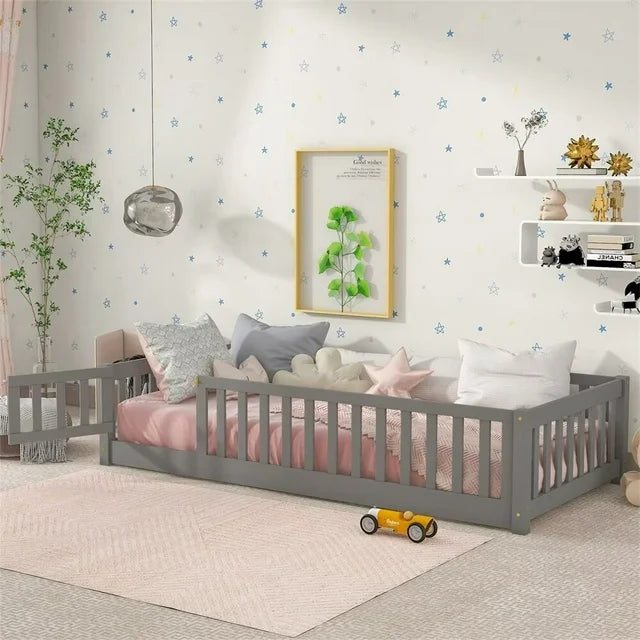 Twin Floor Bed Frame for Kids Toddlers, Wooden Montessori Bed with 7 Wood Slats, Fence-Shaped Guardrails and Door for Boys Girls Bedroom Playroom, No Box Spring Needed, Gray