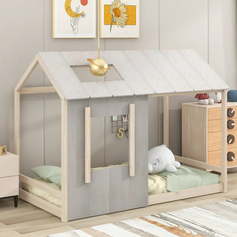 Twin House Bed for Kids, Montessori Floor Bed with Roof and Window, Wood Twin Floor Bed Frame with Cottage Style Rustic Design Cabin Playhouse Bed for Girls, Boys, Antique Gray&Antique White