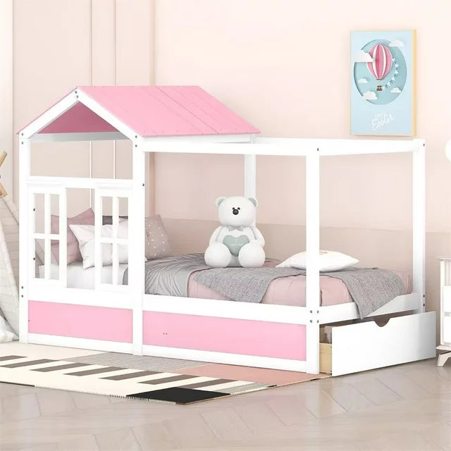 Twin House Bed, Wood Canopy Bed with 1 Storage Drawer, Playhouse Bed with Roof and Window, Montessori Bed Frame for Kids Boys Girls Teens, Pink + White