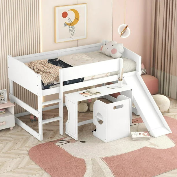 Twin Loft Bed with Rolling Portable Desk and Chair, Wooden Low Loft Bed Frame with Slide for Kids, Versatile Storage Bed with Ladder and Full-length Guardrails, Space Saving, White