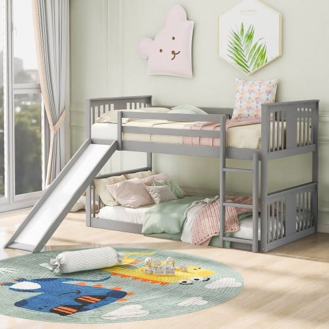 win Over Twin Bunk Bed with Slide and Ladder, Solid Wood Low Bunkbeds for Toddlers/Kids/Teens, White