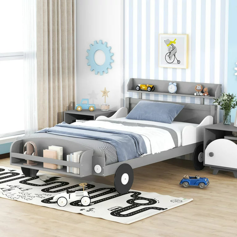 Twin Size Car-Shaped Platform Bed,Wood Platform Bed Frame with 2 Storage Shelf,Storage Platform Bed with Headboard and Footboard for Kids Teens,Gray