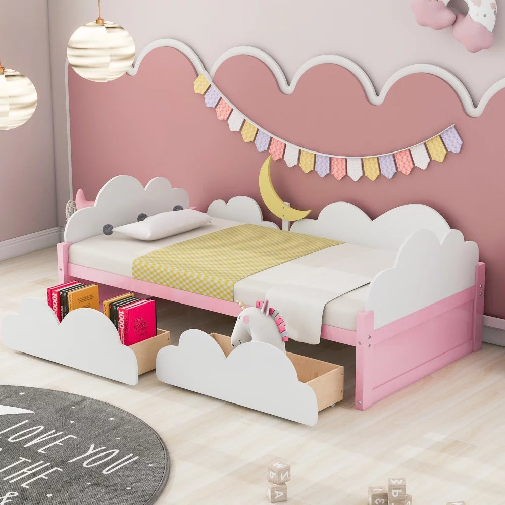 Twin Size Daybed with 2 Storage Drawers,Wood Platform Bed with Clouds and Crescent Moon Decor,Twin Bed Frame for Kids Girls Boys,White+Pink