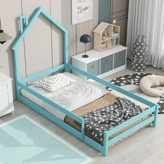 Twin Size Floor Bed, Wooden Montessori Bed Fence Bed with House Shape Headboard, Wood House Bed Platform Bed, for Boys Girls, Low to Ground Height, No Box Spring Needed, ight Blue