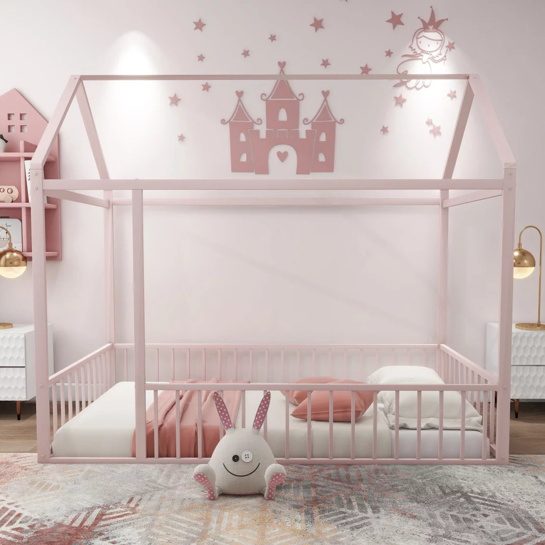 Twin Size House Bed, Metal House Floor Bed with Safety Fence and Roof, Playhouse Design Montessori Floor Bed for Toddlers Kids Girls and Boys, Can be Decorated, Without Slats Support, White