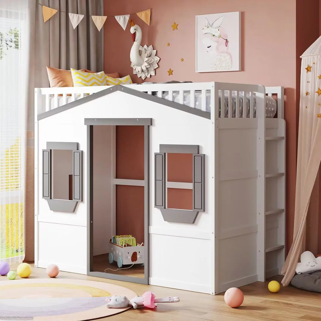 Twin Size House Loft Bed with Windows and Doors Design, Solid Wood Loft Bed Frame with Ladder and Safety Guardrails for Kids Boys Girls, Playhouse Design, White+Gray Frame