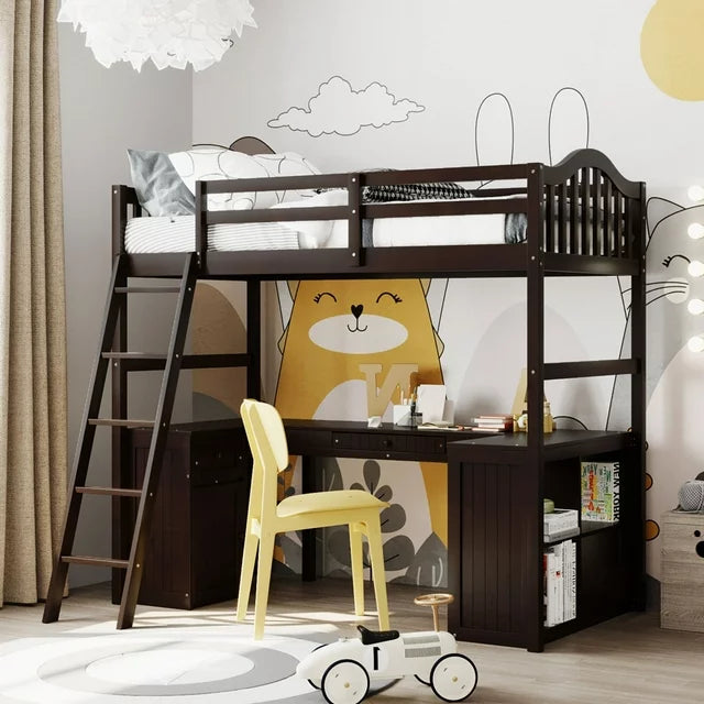 Twin Size Loft Bed with Desk and Drawers, Wooden Loft Bed with Large Storage Capacity, Cabinet and Shelves, Loft Bed with Desk Underneath for Boys Girls Kids Teens Adults, Espresso