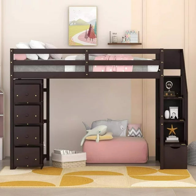 Twin Size Loft Bed with Storage Staircase, Wooden Twin Loft Bed Frame with Drawers and Shelves, Modern High Loft Bed, Multifunctional Twin Loft Bed, No Box Spring Needed, Express