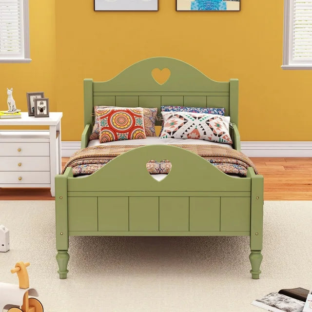 Twin Size Platform Bed, Toddler Bed with Side Safety Rails and Headboard and Footboard, Modern Kids Bed Furniture, No Box Spring Needed, Oliver Green