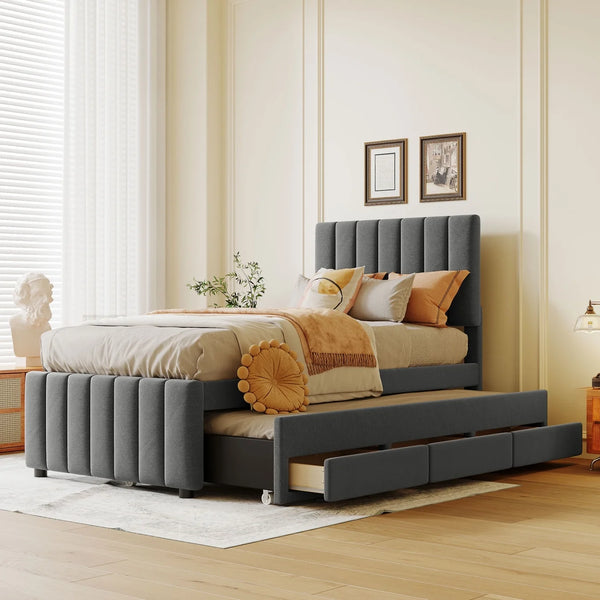 Twin Size Platform Bed with Trundle and 3 Drawers, Linen Upholstered Twin Size Bed with Headboard Space Saving Bed with Storage for Kids, Teens, Adults, Gray