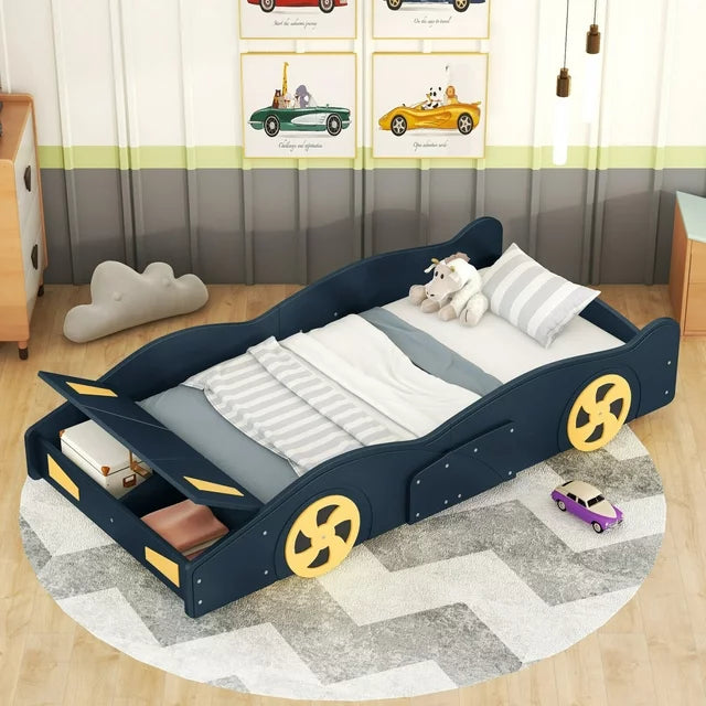 Twin Size Race Car-Shaped Platform Bed for Kids, Solid Wood Platform Bed Frame with Wheels and Storage, Sturdy Car Bed with Full-Length Guardrails for Kids Boys and Girls, Space Saving Design, Blue