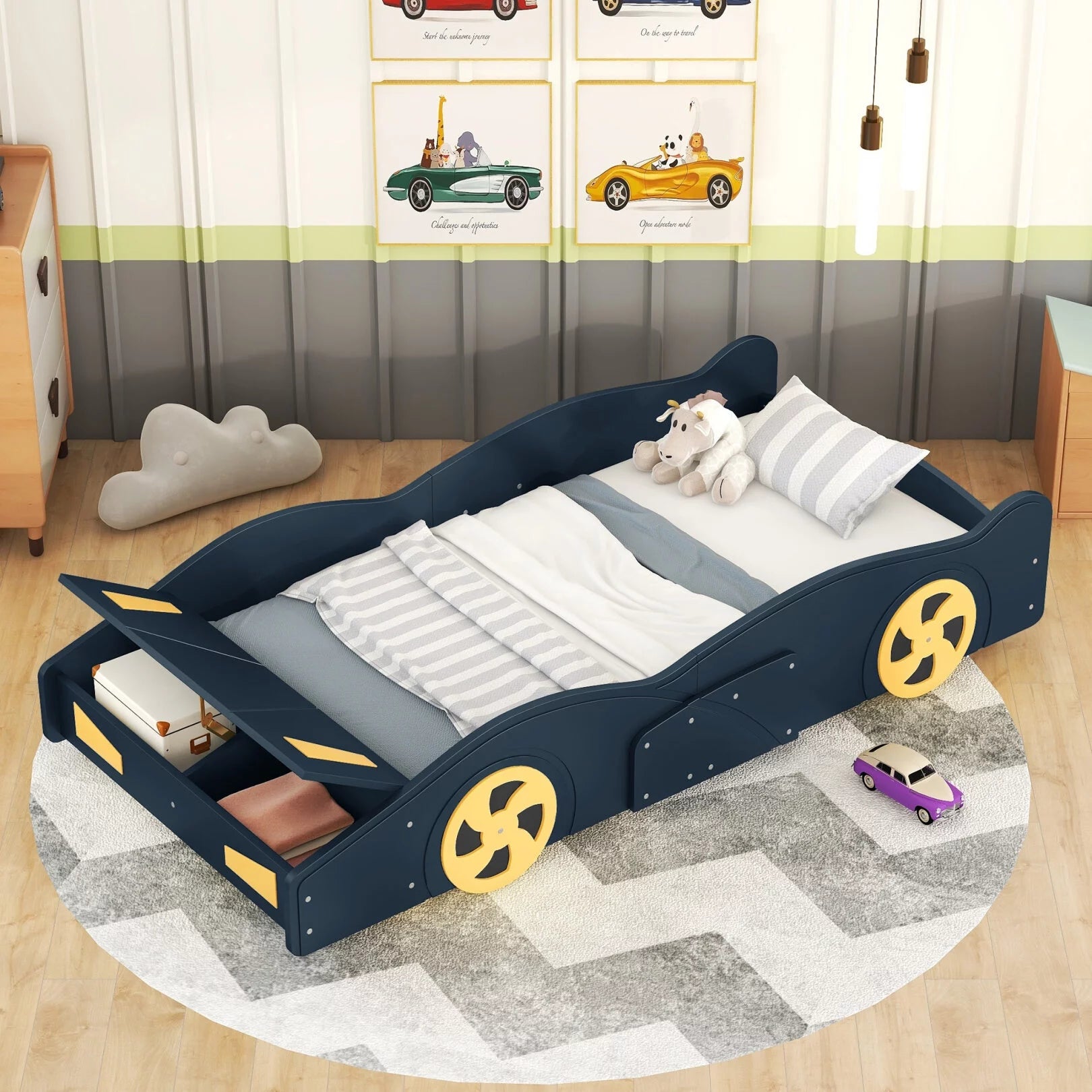 Twin Size Race Car-Shaped Platform Bed for Kids, Solid Wood Platform Bed Frame with Wheels and Storage, Sturdy Car Bed with Full-Length Guardrails for Kids Boys and Girls, Space Saving Design, Blue