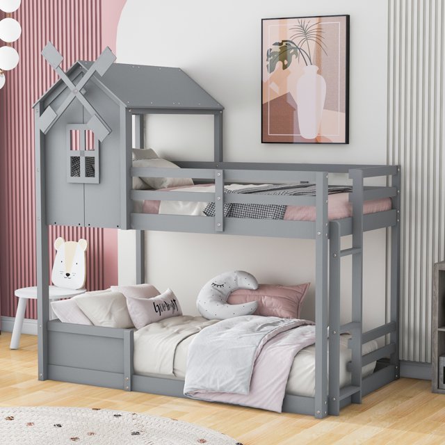 Twin over Twin Bunk Bed with Windmill & Roof & Window, Wooden House Bed Frame with Safety Guardrails & Ladder, No Box Spring Needed, Gray