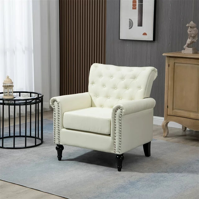 Upholstered Accent Armchair Single Sofa with Nailhead Trim, Modern Linen Armchair with Tufted Back and Wood Legs, Comfy Lounge Chair Reading Chair Makeup Chair for Living Room Bedroom Office, Beige