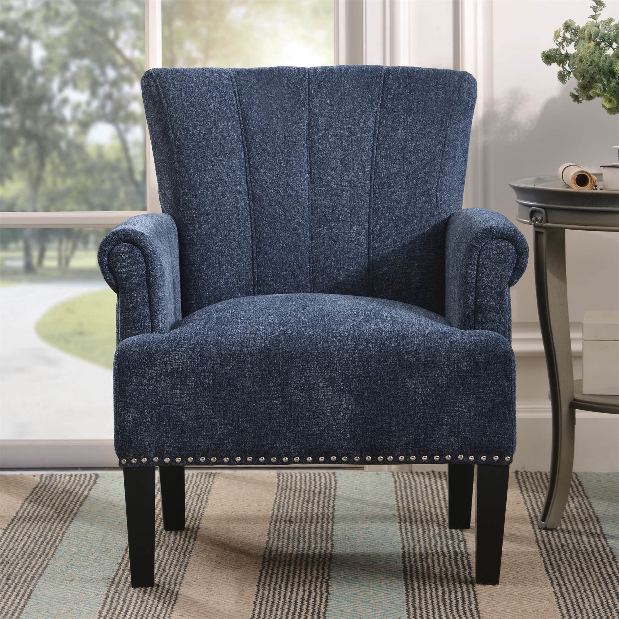 Upholstered Chairs, Polyester Armchair Club Chair with Rivet Tufted Scroll Arm, Tufted Accent Chair, for Bedroom and Living Room,Navy