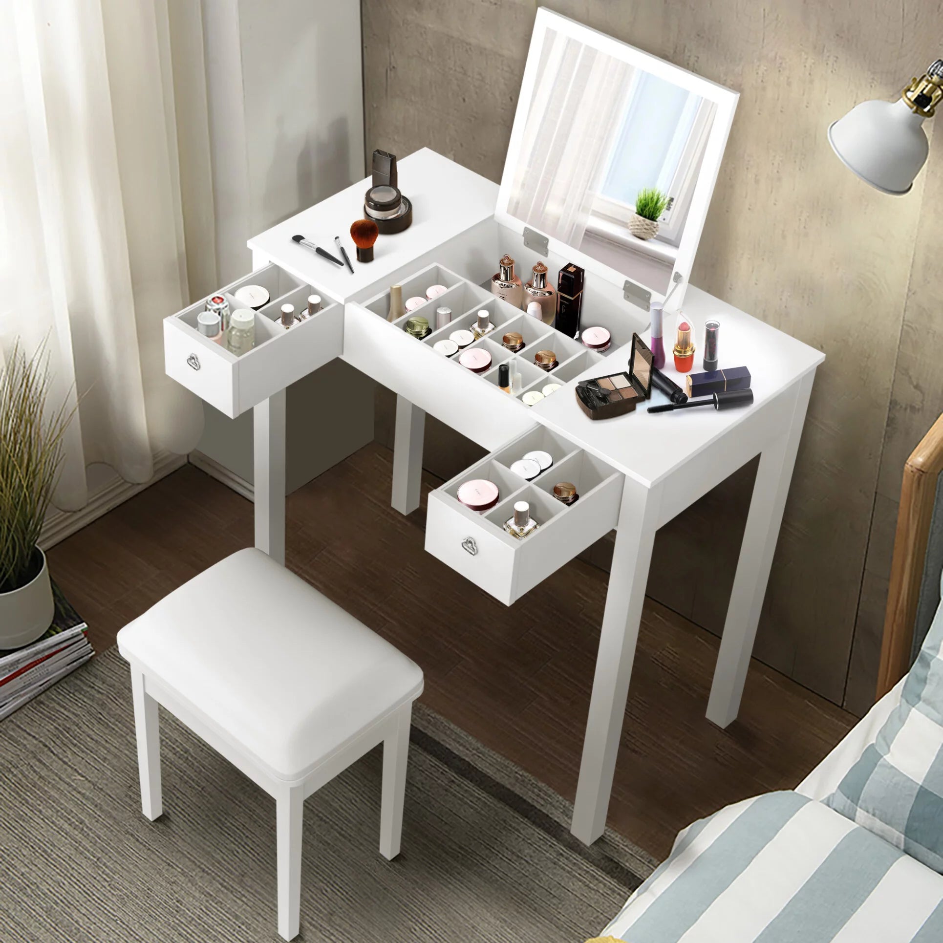 Vanity Desk Set with Flip Top Mirror, Dressing Table with 2 Drawers, Stylish Vanity Table with Stool, Removable Dividers, for Bedroom, Reading Room, White
