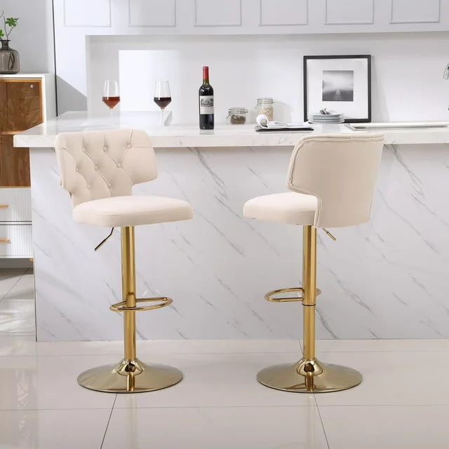 Velvet Bar Stools Set of 2, Height Adjustable Swivel Barstools Armless Kitchen Counter Bar Chairs with Tufted Button Back and Footrest Gold Metal Base, Island Chair for Home Bar Restaurant, Beige