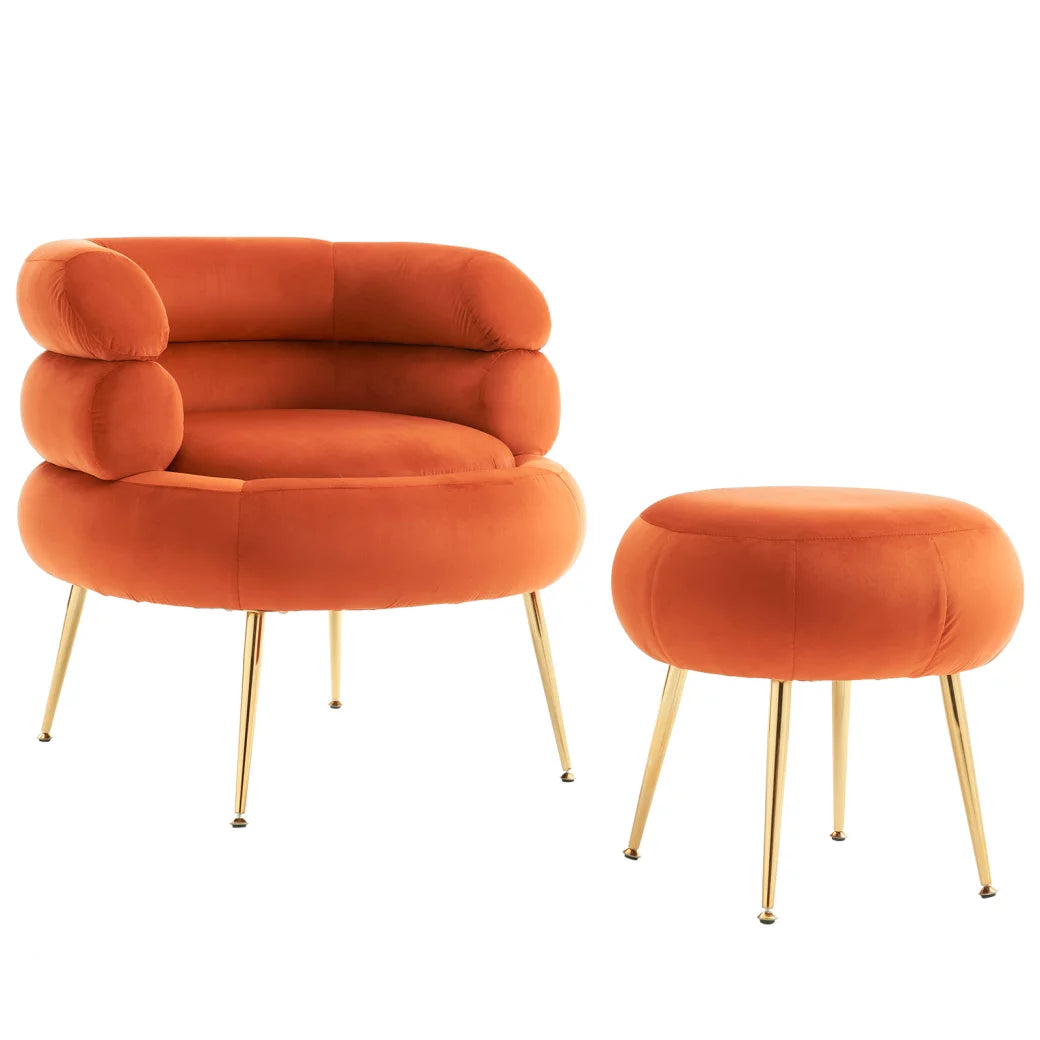 Velvet Barrel Chair, Upholstered Club Chair with Ottoman, Golden Legs, and Round Armrest, Accent Chair for Living Room, Bedroom, Weight Capacity 500 Pounds, Orange