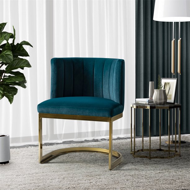 Velvet Dining Chair, Mid Century Modern Barrel Chair with Channel Tufted Back and Arched Metal Base, Upholstered Side Chair for Home Kitchen Dining Room, Teal