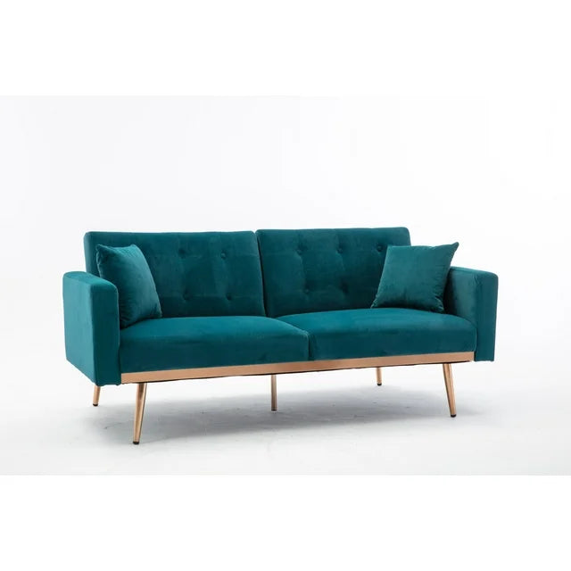 Velvet Futon Sofa Bed with 2 Pillows, Convertible Sleeper Couch Bed with Metal Tapered Legs and Tufted Button Back, Modern Loveseat for Living Room, Bedroom, Teal Blue
