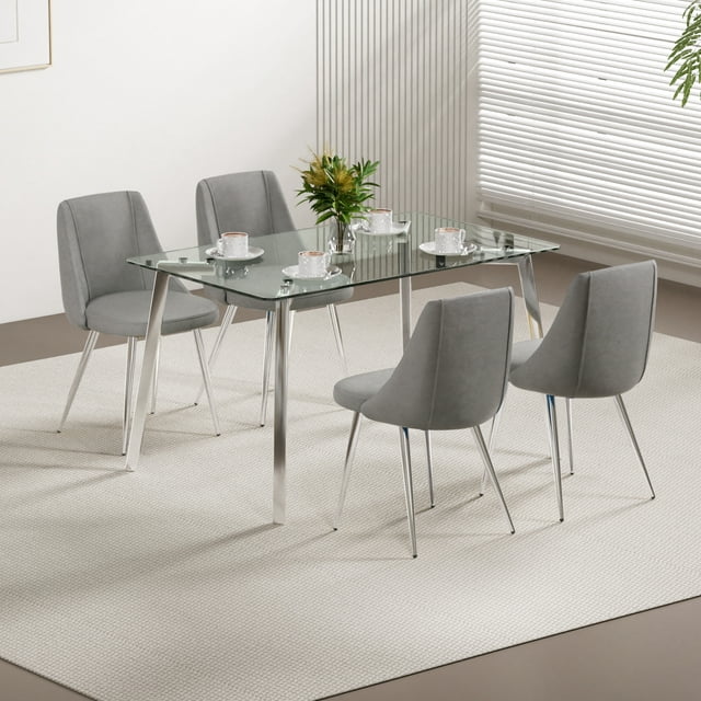 Velvet Modern Dining Chairs Set of 4, Kitchen Chairs with Thicken Seat and Silver Metal Legs, Upholstered Armless Chair for Living Room, Bedroom, Reading Room, Grey
