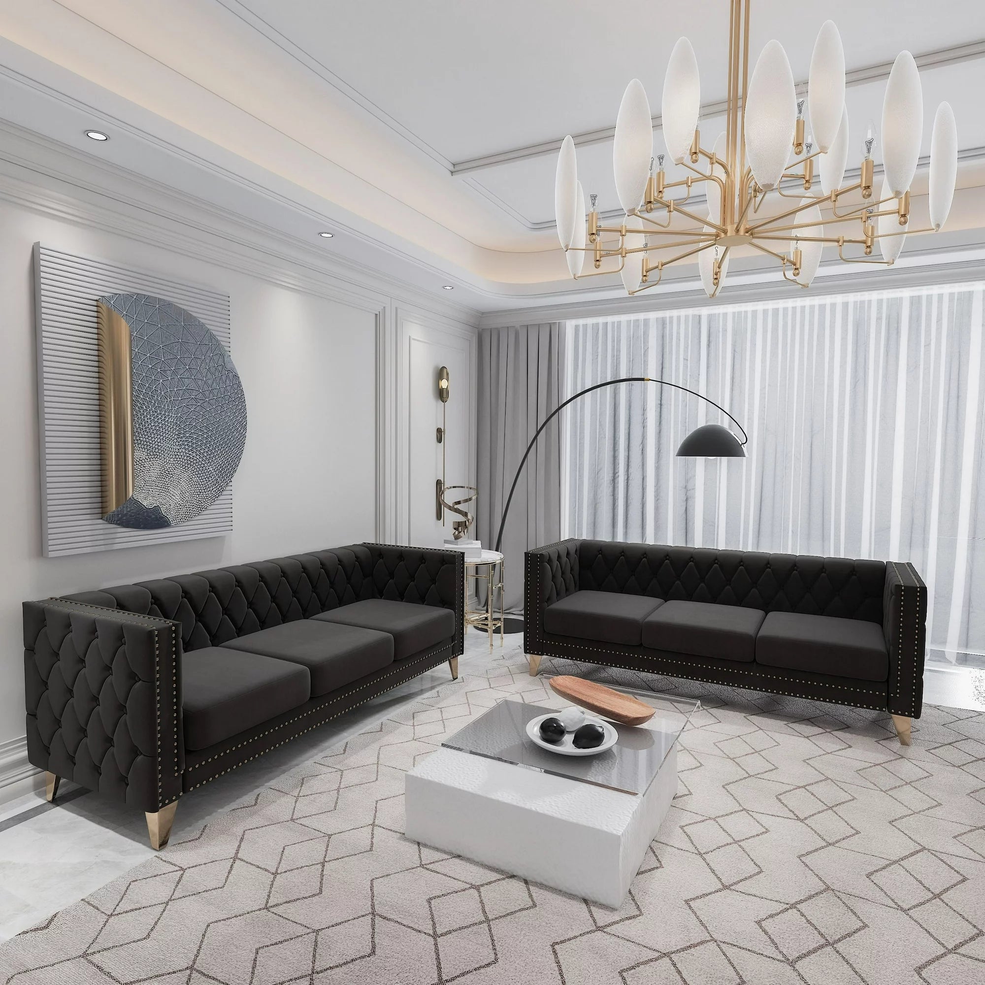 Velvet Sofa Set of 2, 3-Seat Sofa and Couch, 2PCS Mid-Century Velvet Upholstered Sofa, Modern Tufted Sofa with Gold Metal Legs, Heavy Duty Sofa Furniture for Home Apartment Living Room, Black