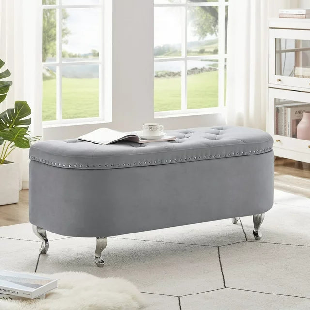 Velvet Storage Bench, Tufted Upholstered End of Bed Bench with Nail Head Decor and Metal Legs, Flip Top Storage Ottoman for Bedroom, Living Room, Entryway, Gray