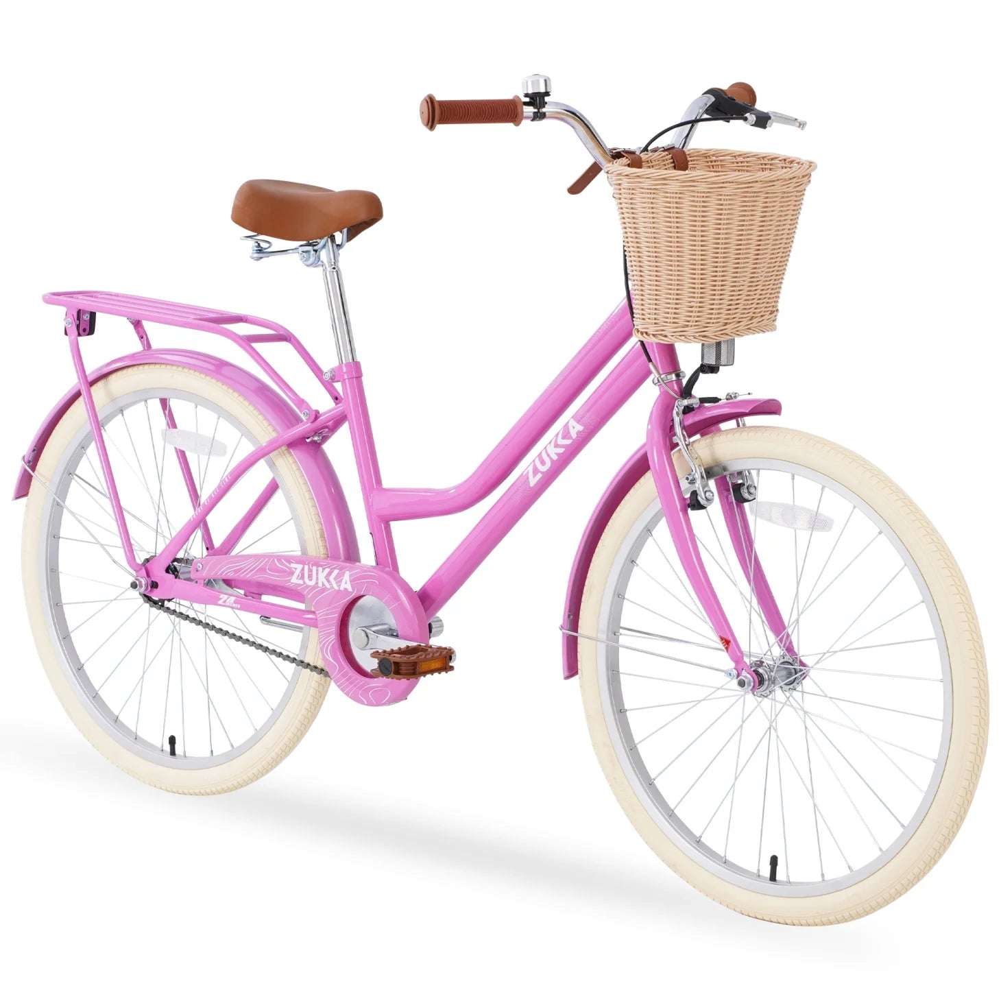 Womens Bike, Vintage Bicycles for Girls,24 inch with Ratten Basket & Rack, Adjustable Seat, for 10+Years Old Girls Commuting, Pink
