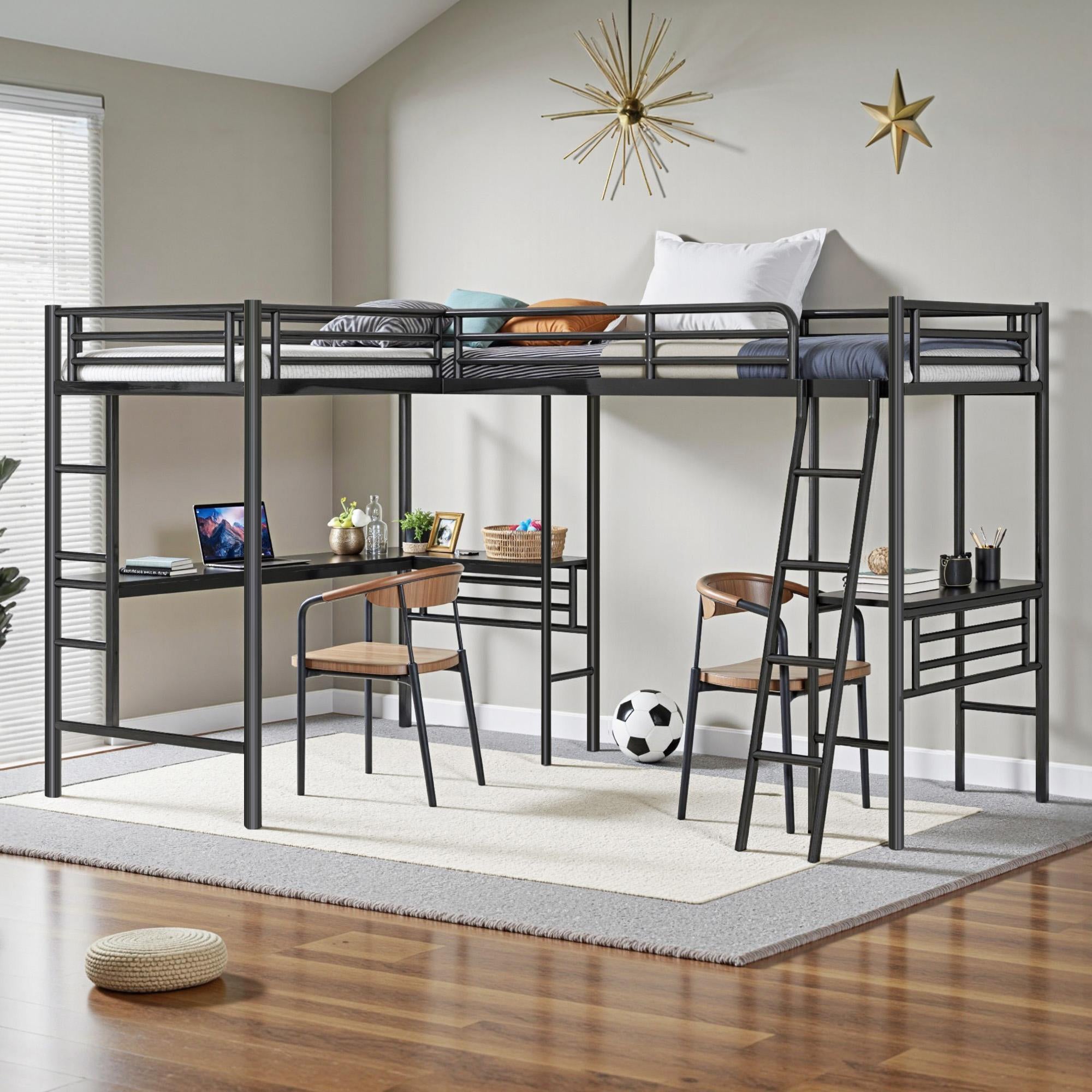 Twin Size L-Shaped Loft Bed with 2 Built-in Desks, Metal Loft Corner Bed with 2 Ladders and Safety Guardrail, Heavy-Duty Bunk Beds for 2 Teens Adults, Space Saving, No Noise & Easy Assemble, Black