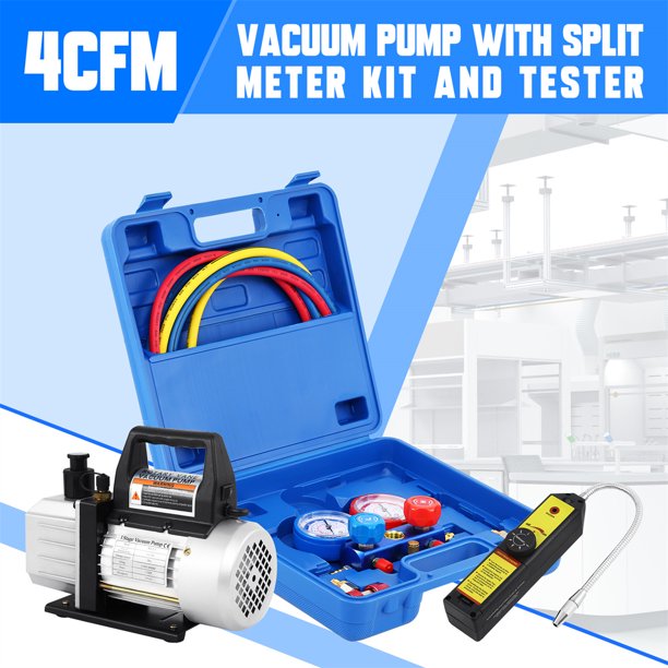 110v 1/ 3HP 4CFM Vacuum Pump HVAC Refrigeration AC Manifold Gauge, R134a,R12 R22 R410a with Leak Detector & Voltage Regulator IC for Detect Refrigeration, Blue