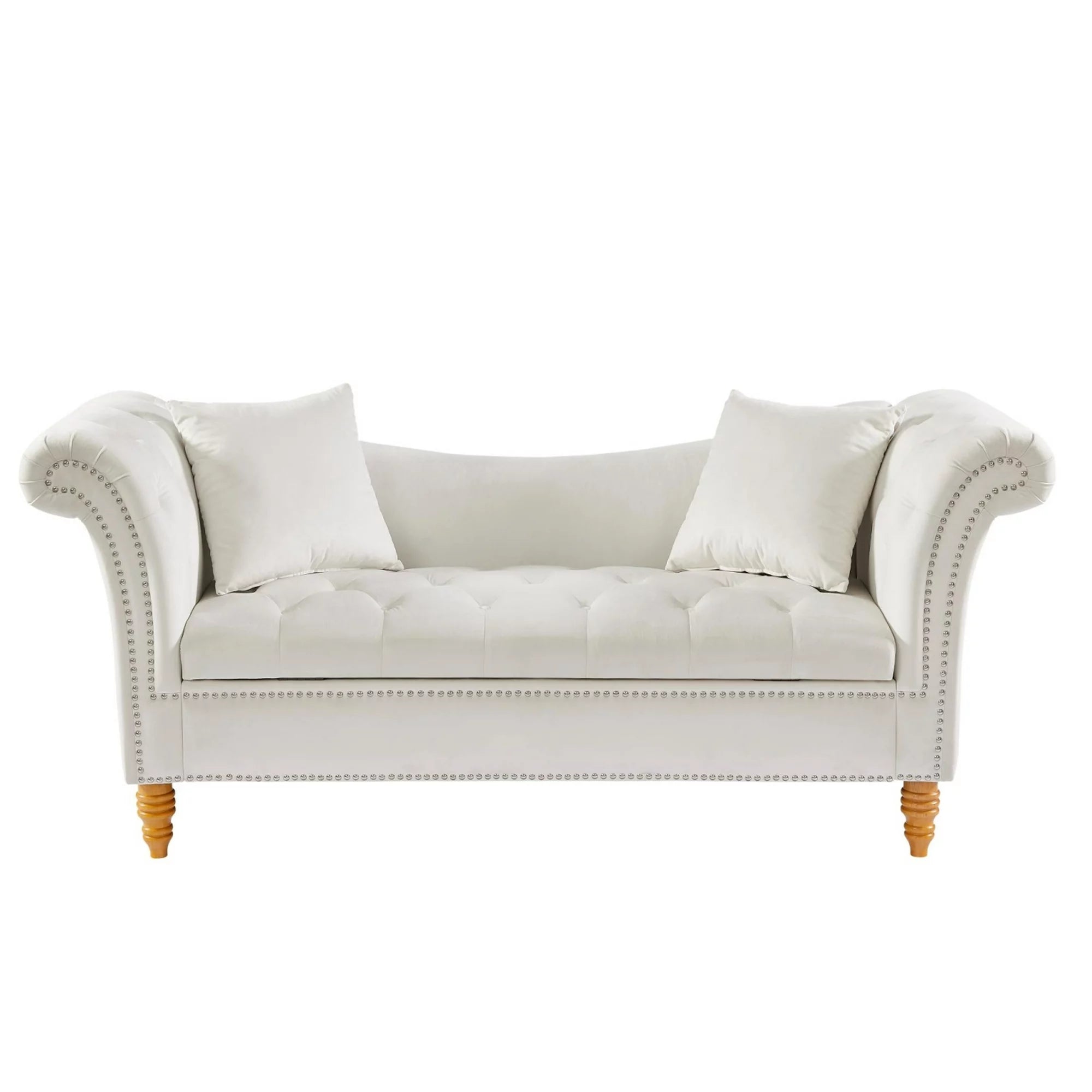 Velvet Storage Sofa with 2 Pillows, 63" End of Bed Couch Bench with Buttons Tufted and Nailhead Trimmed, Rolled Arm Loveseat for Bedroom, Living Room, Beige