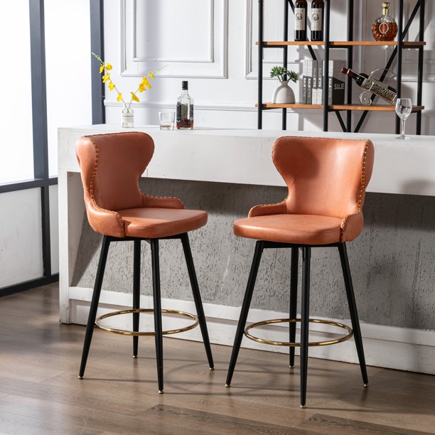 Swivel Bar Stools Set of 2, Self-righting Counter Height Bar Chairs with Gold Footrest & Black Metal Legs, Leathaire Fabric Upholstered Dining Chairs with Nailhead Trim for Kitchen Island, Orange