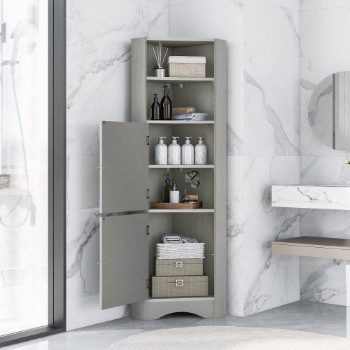 61" Tall Bathroom Corner Cabinet, Freestanding Storage Cabinet with 2 Doors and 3 Adjustable Shelves,Narrow Tall Cabinet for Bathroom, Living Room, Bedroom