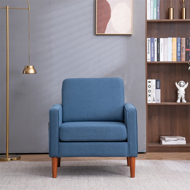 Linen Upholstered Accent Chair, Modern Armchair with Solid Wood Legs, Comfy Reading Arm Chair Single Sofa Chair with Solid Wood Frame for Living Room, Bedroom and Office, Navy Blue