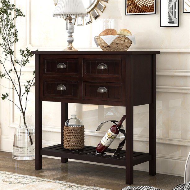 Console Table Buffet Sideboard with Bottom Shelf and 4 Drawers, Wood Sofa Table Accent Storage Cabinet Entryway Storage Cabinet Buffet Table for Living Room Bedroom Hallway Kitchen, Espresso