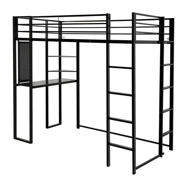 Twin Size Loft Bed with Desk and Shelves for Kids, Metal Bed Frame with 2 Built-in Ladders Hold Up to 200lbs for Bedroom